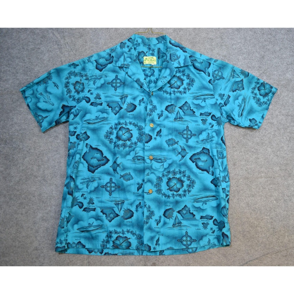 VTG Ui-Maikai Shirt Mens L / XL Blue Hawaiian Map Short Sleeve Aloha Made Hawaii